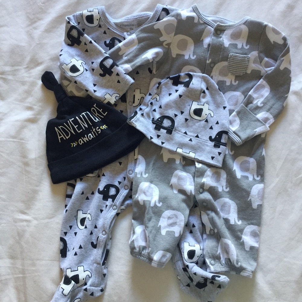 3 mo Sleepers Set of 2 Elephant onesies and Hats